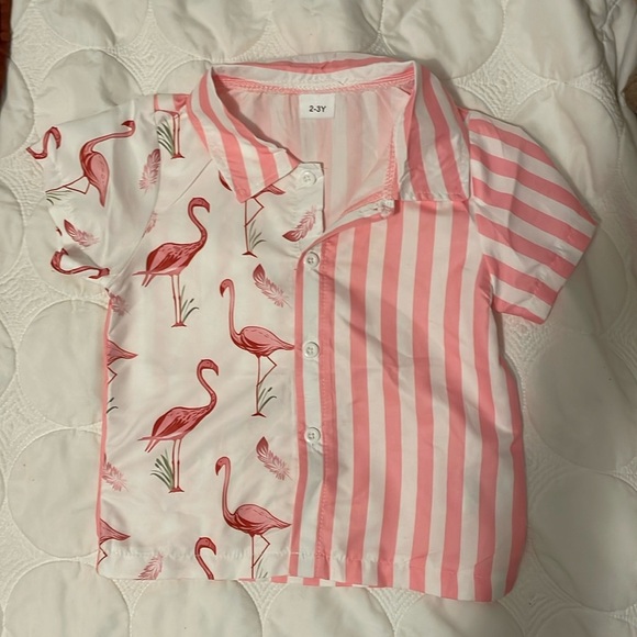Other - 2-3T Striped Pink and White Flamingo Button up Short sleeve shirt